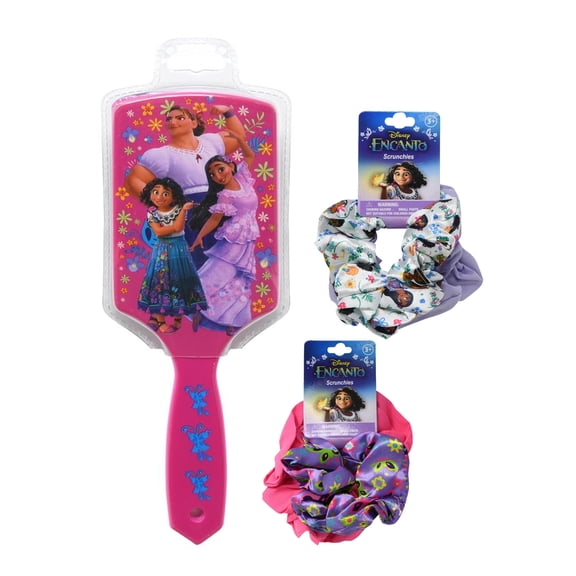 Encanto Scrunchies 4-Pack and Hair Brush Accessory Set Disney Girls Pink Purple