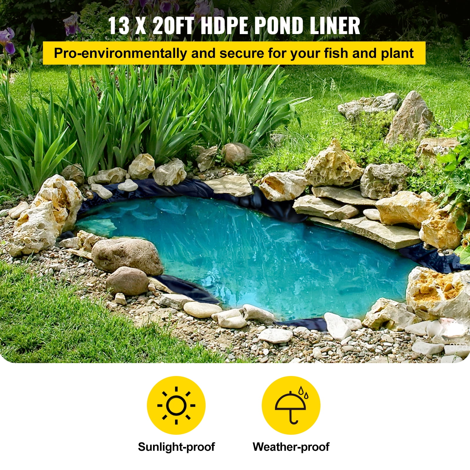 VEVOR Pond Liner 13x20ft 20Mil HDPE Fish Liner Lake Retention for Fountain Pond