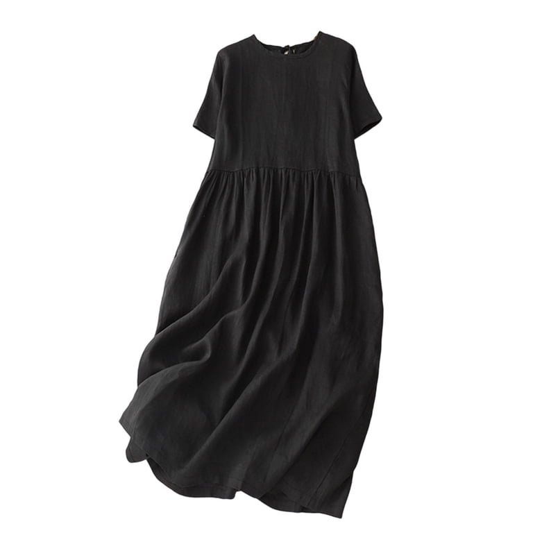 plain linen dress designs Women's Elegant Cotton Linen Dress Summer Casual Half Sleeve V Neck Loose Double Layers Flowy Long Dresses