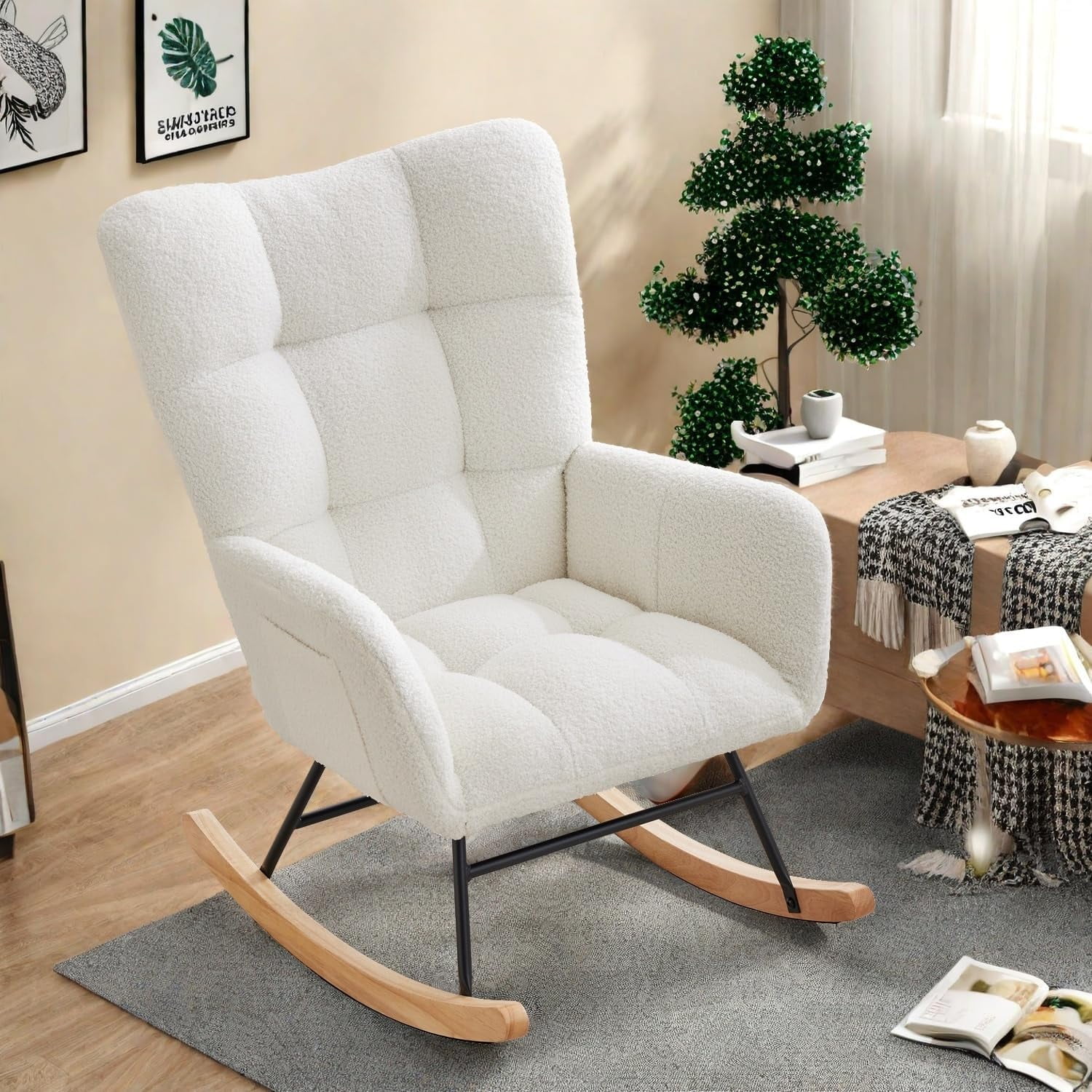 300Lbs Load-Bearing Nursery Glider Rocking Chair, Teddy Upholstered, High Backrest & Armrests, Side Pockets, Padded Seat, High Backrest, Armrests, Metal Legs & Wood Base for Living Room, Bedroom