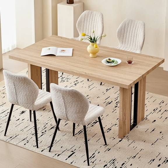 5pcs Rectangle Dining Table Chairs Set for 4, 63" Farmhouse Wood Kitchen Table with 4 Upholstered Mid Century Modern Boucle Chairs for Dinner, Living Dining Room, Apartment, Beige
