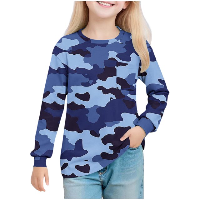 RXMEKW Chandail Imprimé pour Filles 5-14 Ans à Manches Longues Col Ras du Cou Chemise Douce Tenue Décontractée en Vert Armée