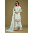thumbnail image 1 of Pakistani Bridal Wear Light Mint Blue Georgette Embroidered Gharara Suit, 1 of 2