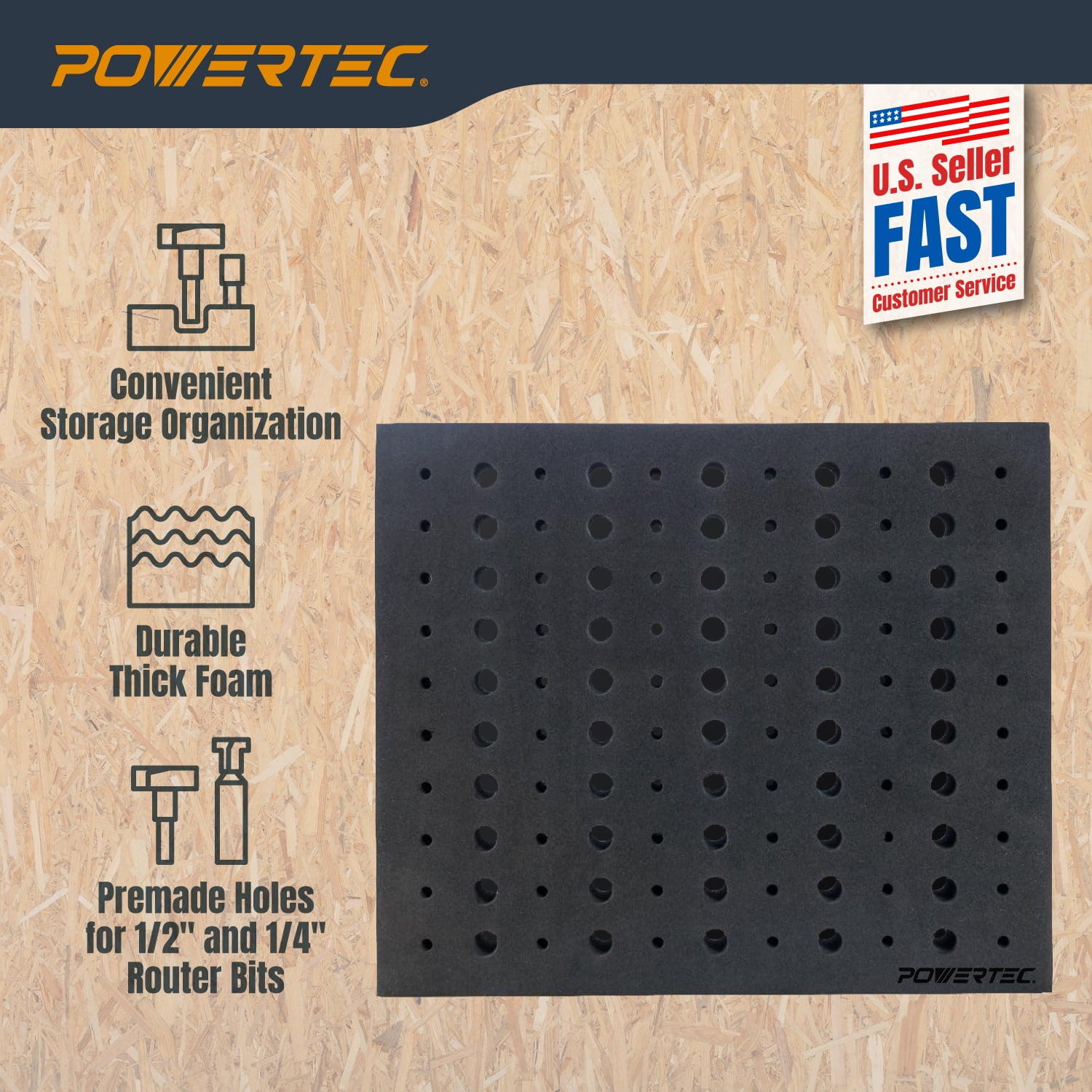 POWERTEC Router Bit Tray Organizer - Holds 110 Bits Each Tray | 50 1/2" and 60 1/4" Shank Router Bit Holder for Tool Box and Drawer Storage Solution, 2PK (71046-P2)