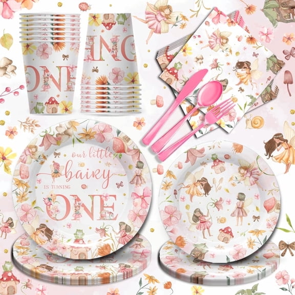 168PCS Fairy Party Supplies for Girls 1st First Birthday Fairies Enchanted Themed Baby Shower Party Decorations Garden flower Tableware Set Paper Plates Napkins Forks for 24 Guests