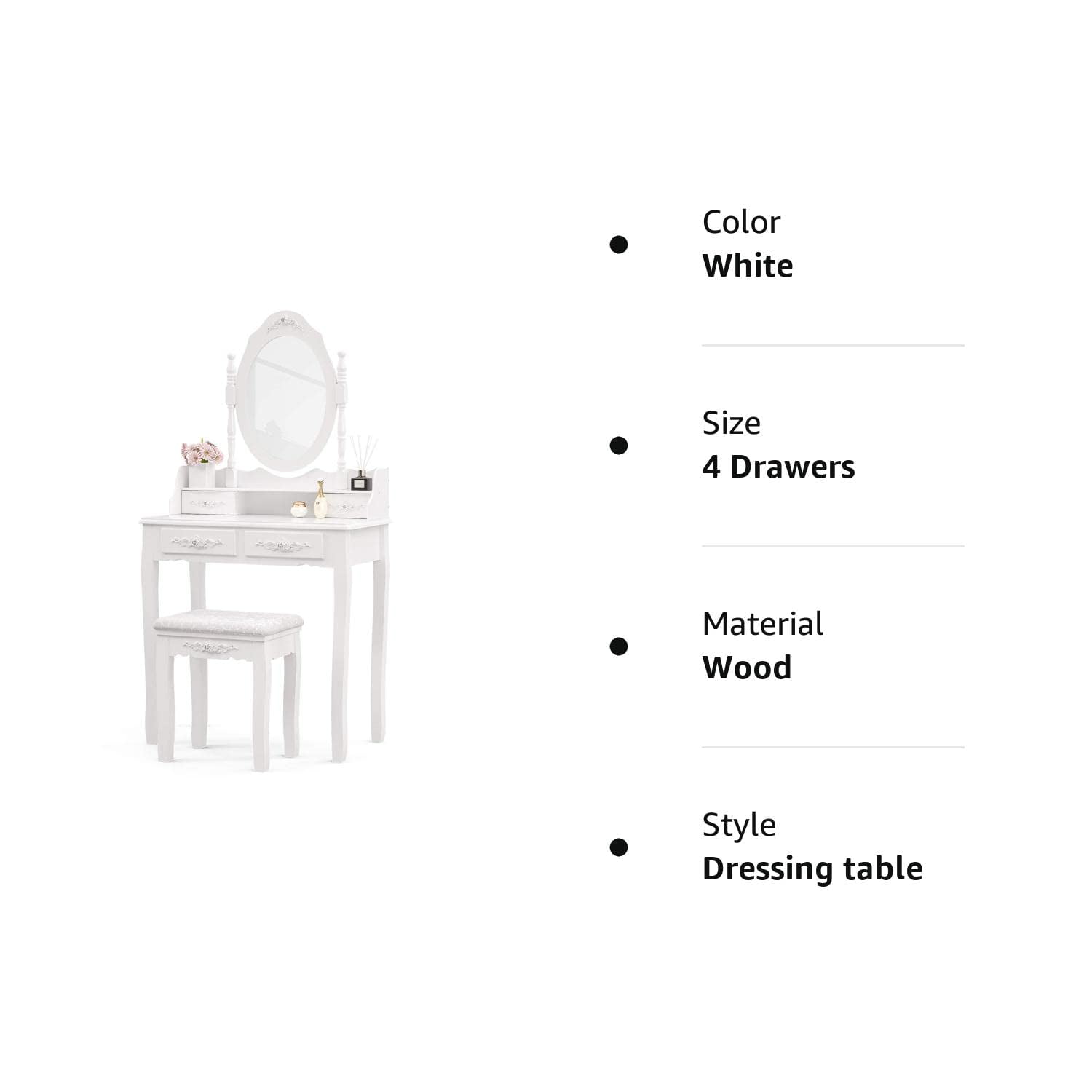 Alohappy Makeup Vanity Set with Oval Mirror & Stool for Girls, Vanity Table and Cushioned Stool Set with 4 Drawers, Wood Dressing Table for Bedroom, White