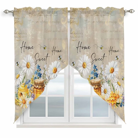 Swag Valance Curtains for Windows, Daisy Spring Floral Light Filtering Kitchen Curtains with Rod Pocket, Farmhouse Botanical Bees Elegant Window Treatment Valances for Living Room, 36x63 - 2 PCS