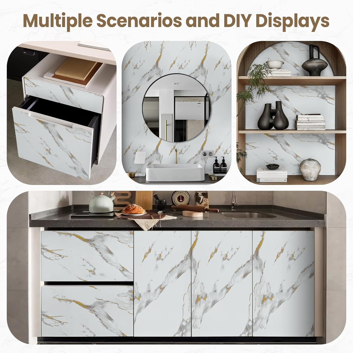 MaxxMarket Glossy Marble Wallpaper Peel and Stick White/Gold Granite Contact Paper Removable Wall Paper for Kitchen Countertop Cabinet Furniture 17.7" x 78.7"