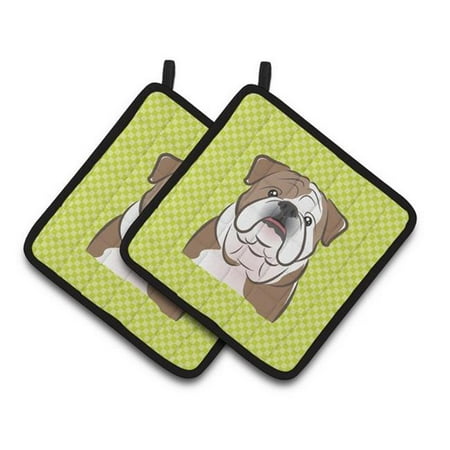 

Checkerboard Lime Green English Bulldog Pair of Pot Holders 7.5 x 3 x 7.5 in.