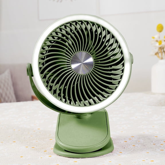 Cevemin Green Portable Desk Fan with LED Light - USB Rechargeable Clip Fan, 3 Speeds, 720° Rotation for Home & Outdoor Use