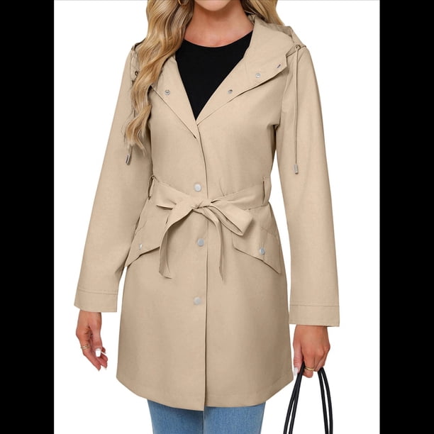 Chaqueta Impermeable con Capucha Clásica para Mujer, con Cinturón y Cordón para Actividades Al Aire Libre, Cortavientos Albaricoque XL