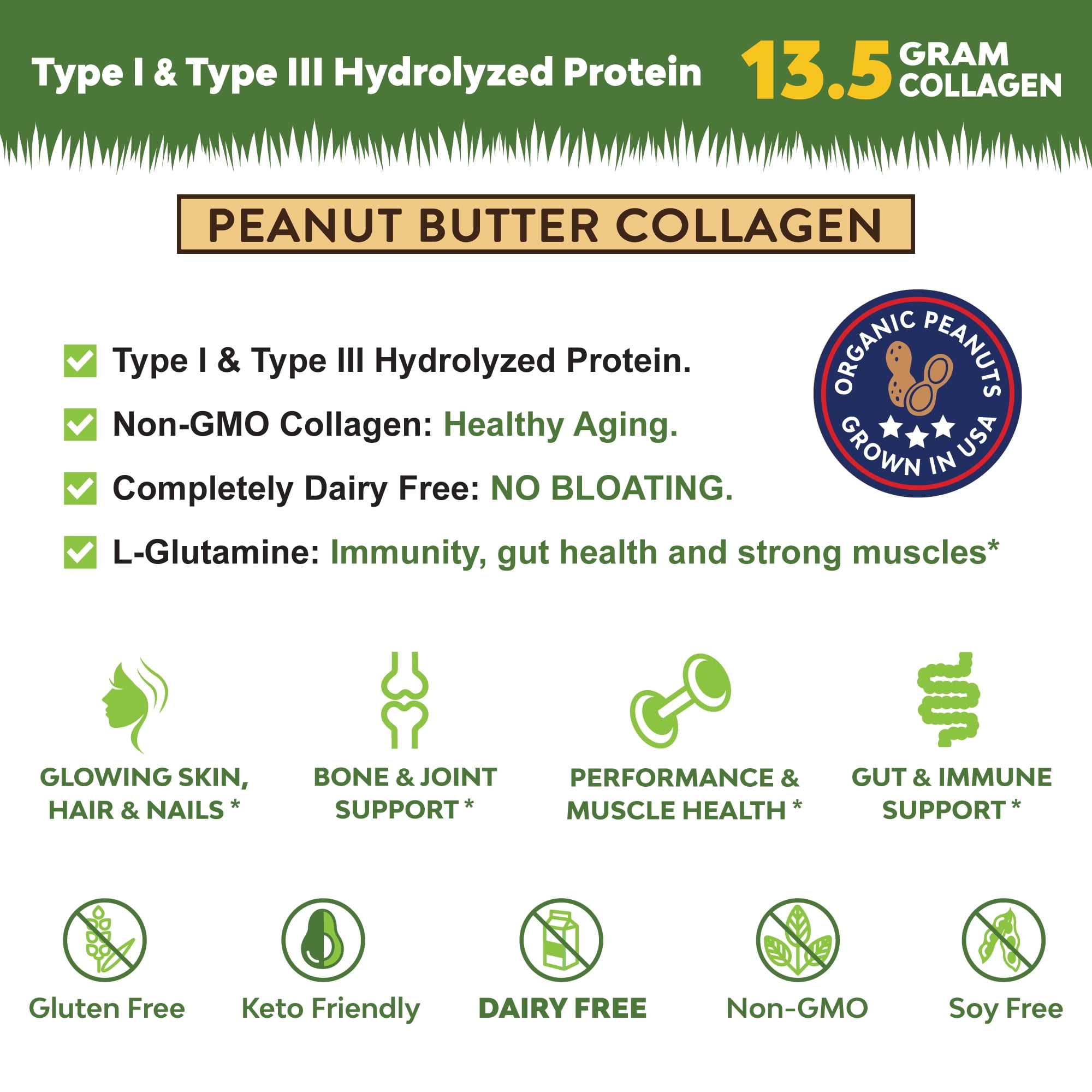 MariGold Collagen Peptides Powder - Peanut Butter 1LB, Type I & III, Non-GMO, rBST Free, Dairy Free