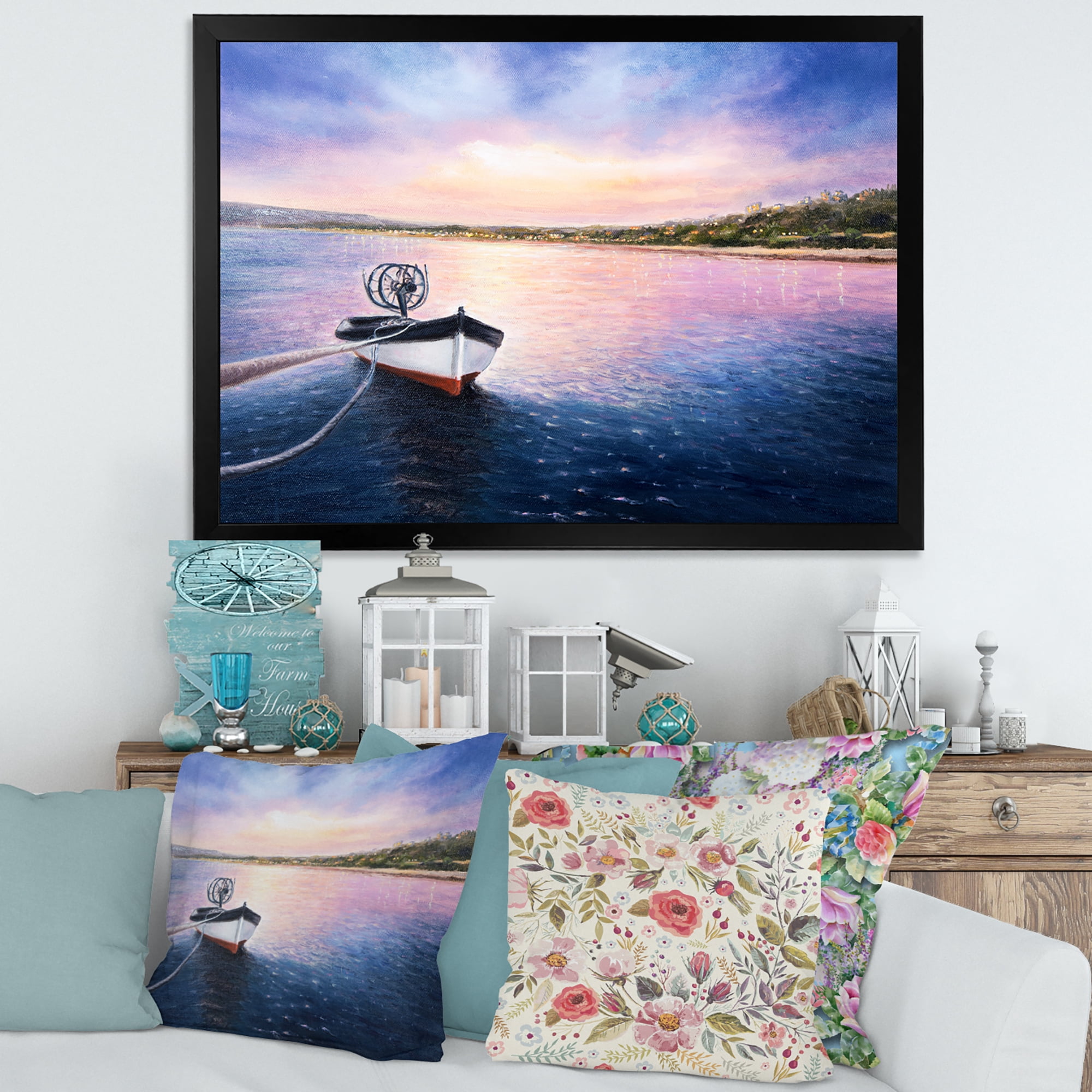 Designart 'VIbrant Sunset Over Fishing Boat By The Shore' Lake House Framed Art Print
