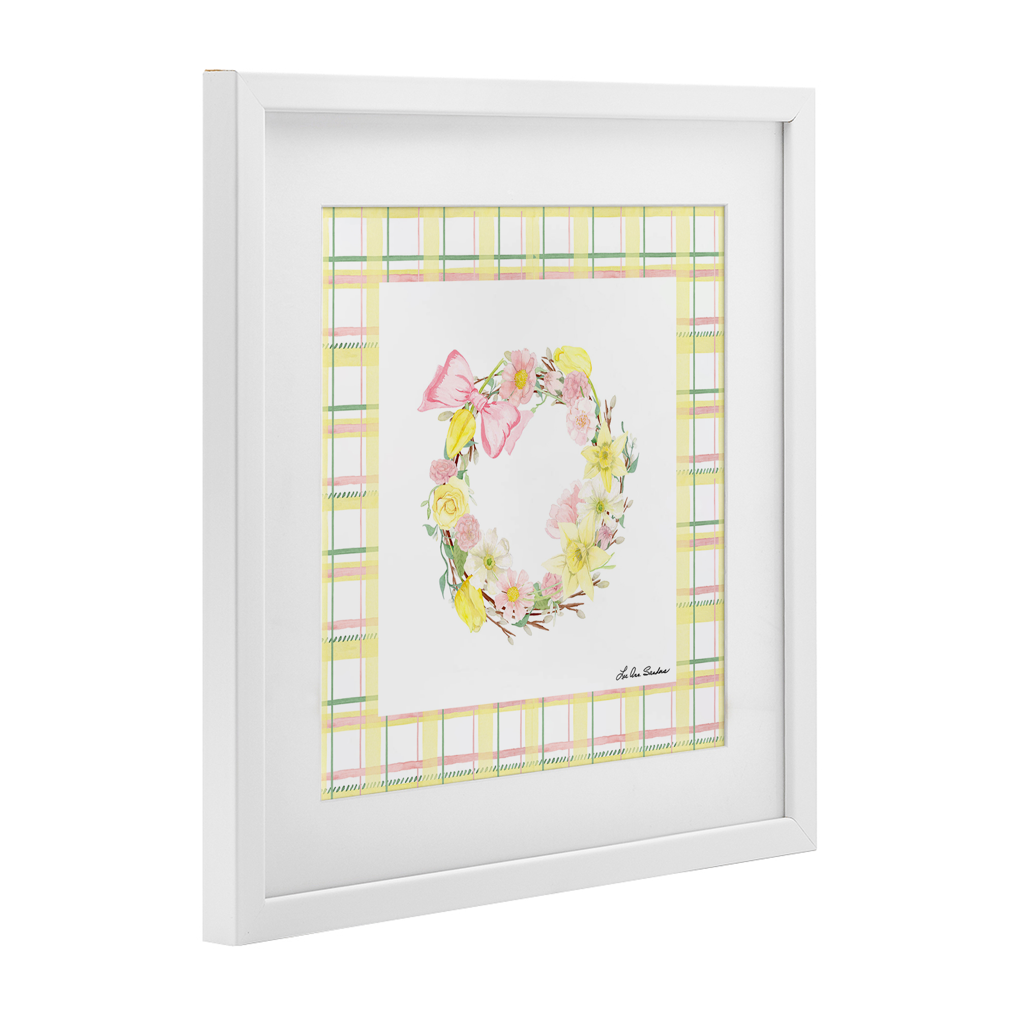 Wreath in Spring Pastels White Framed Print Under Glass, design by Lee Ann Sanders