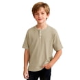 thumbnail image 6 of OGLCCG Boys Waffle Henley Shirts Short Sleeve Button up Crewneck T-Shirts Summer Solid Color Knit Basic Tees Tops for Kids 4-14 Years, 6 of 7