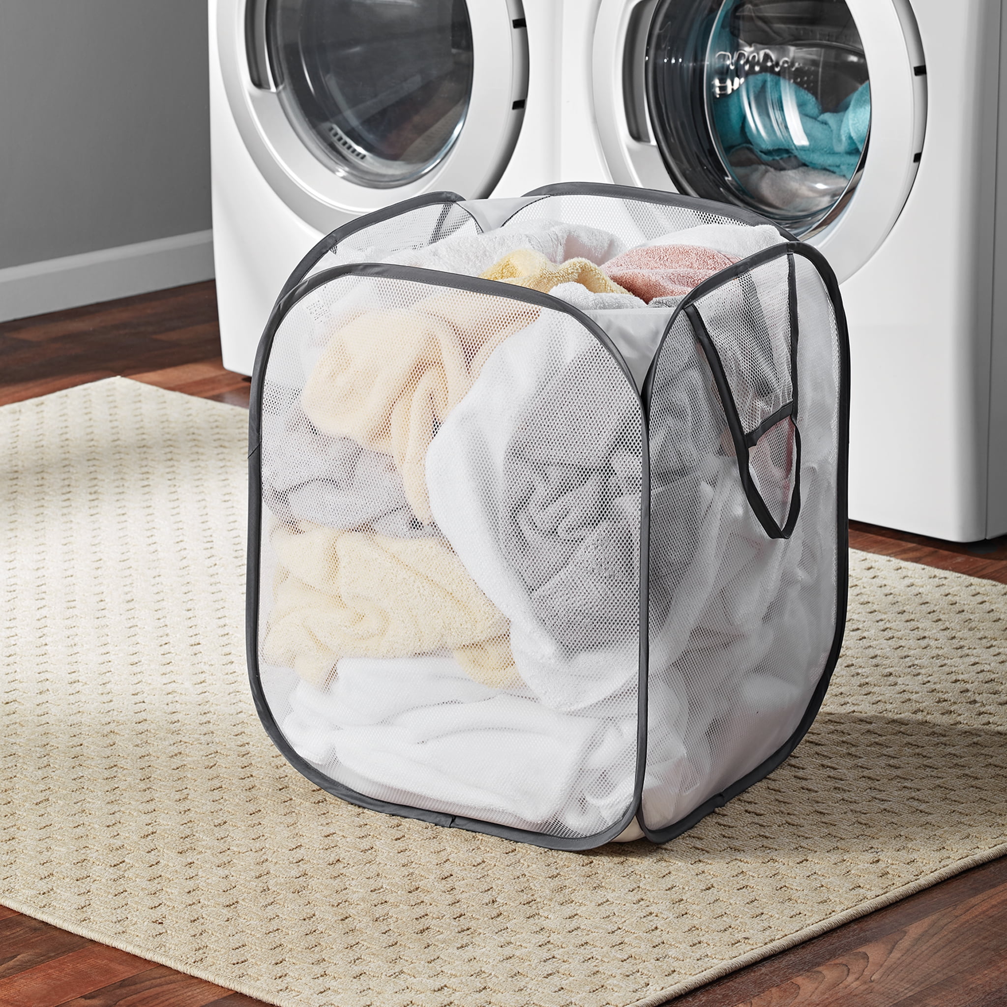 Mainstays Jumbo Mesh Pop-Up Laundry Hamper, White with Grey Trim