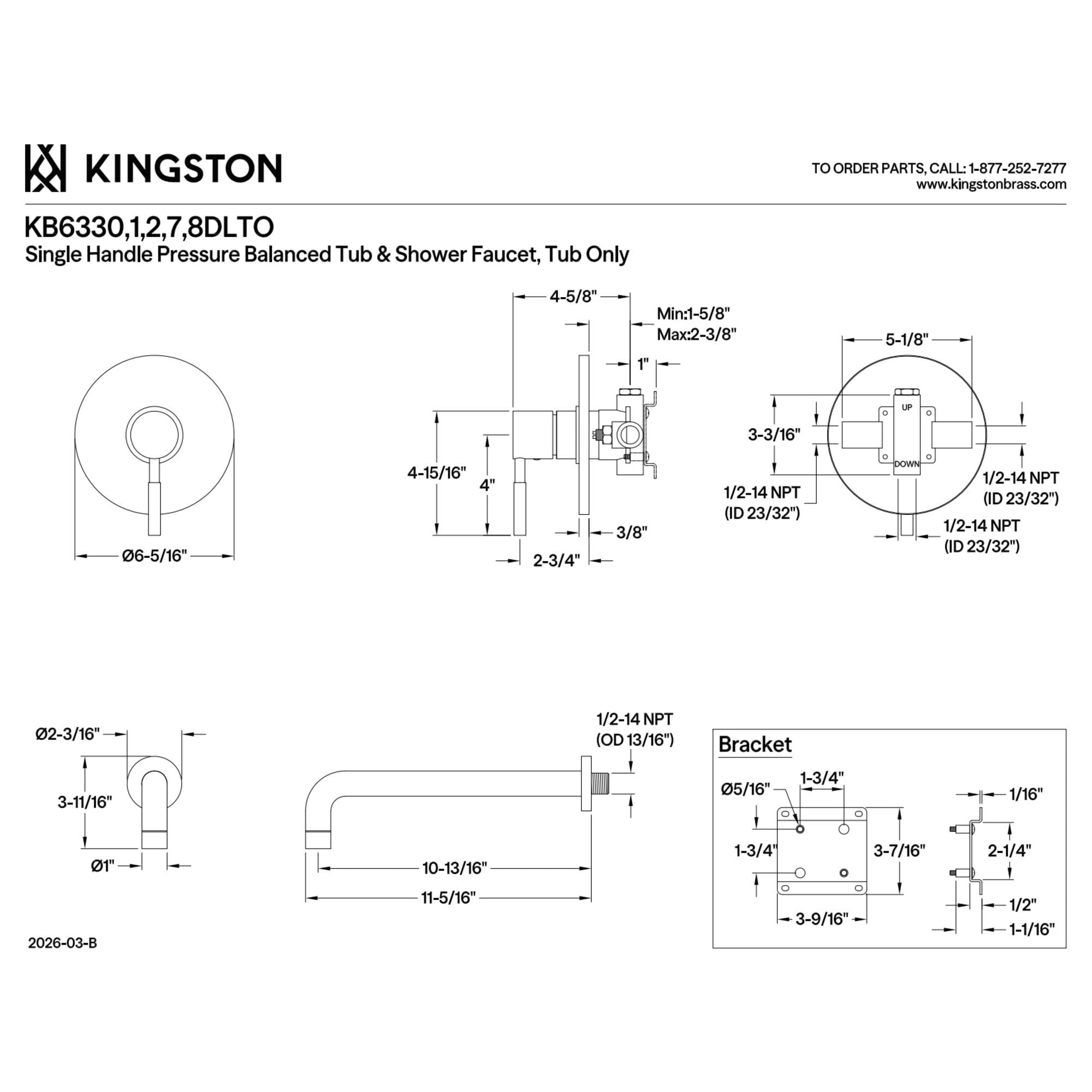 Kingston Brass KB6332DLTO Concord Single-Handle Pressure Balanced Tub Faucet in Polished Brass