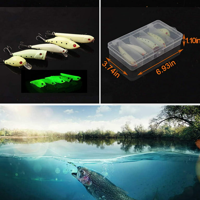 Glow Fishing Lures Bait Kit, 5pcs Luminous VIB Popper Crank Minnow Pencil  Night Hard Baits with Treble Hook Fishing Tackle Box 