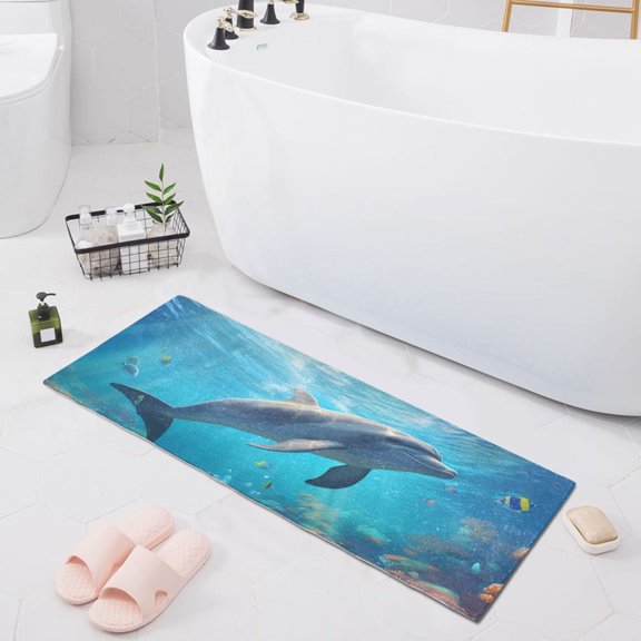 Bath Mat Soft Plush Non-Slip Absorbent Bathroom Rugs 39"x20" Dolphin in Ocean