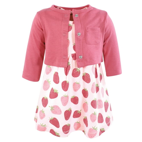 Hudson Baby Infant and Toddler Girls Cotton Dress and Cardigan Set, Strawberry Love, 0-3 Months