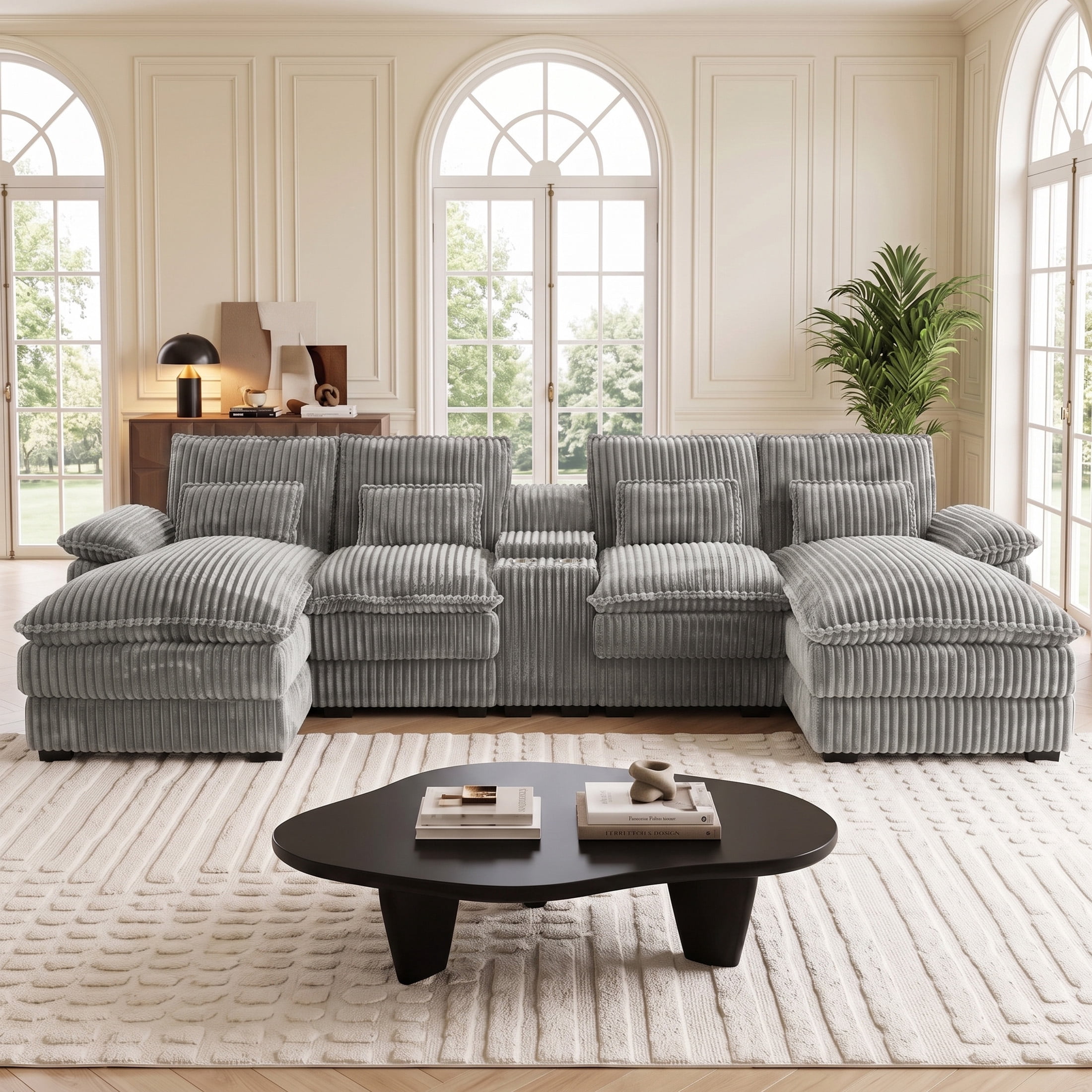 Aenkyo 125 Inch Chenille U-Shaped Sectional Sofa with Console and USB Ports, Light Gray