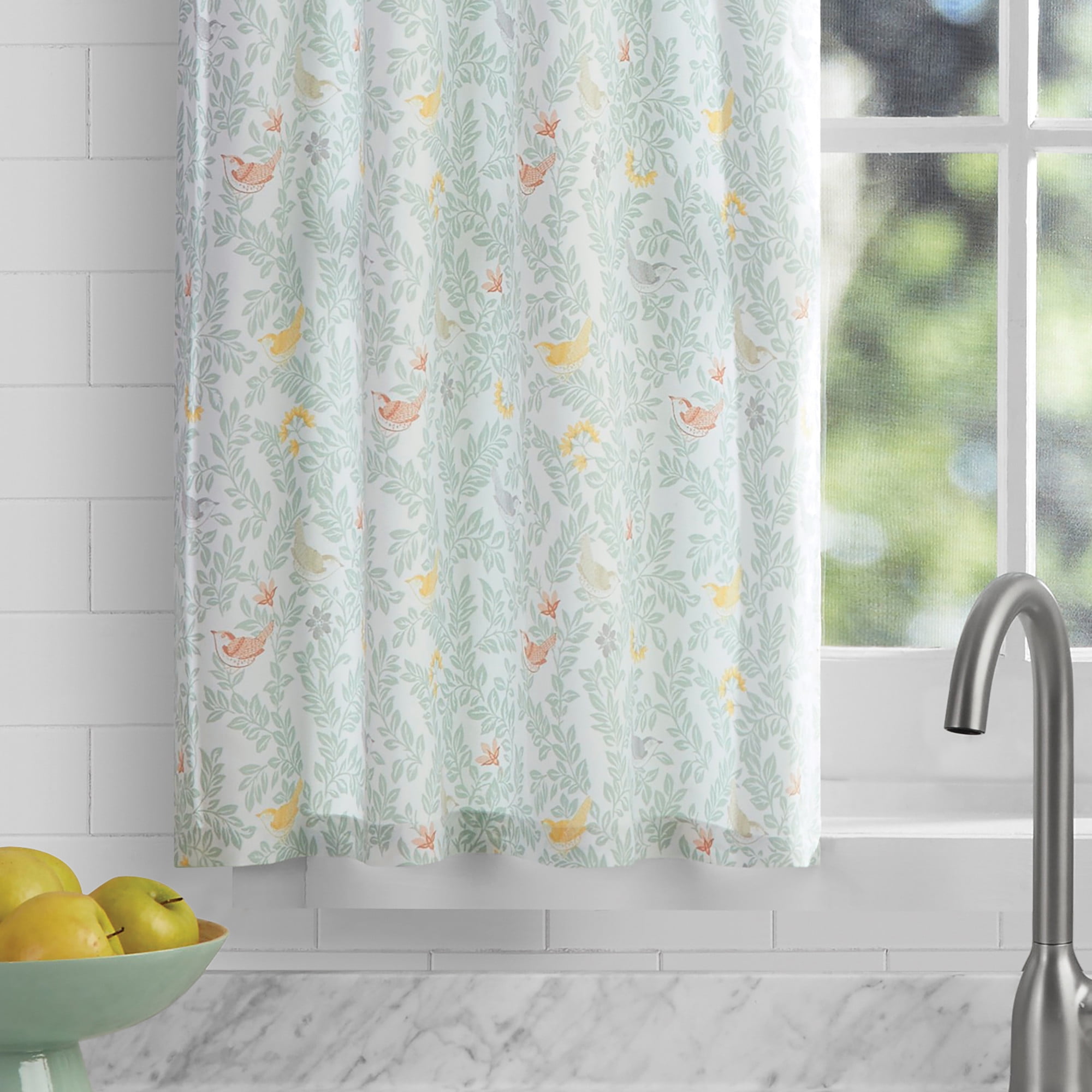 Mainstays 3 Piece Printed Tiers and Valance Set - Multi Birds, Multi, Recycled Polyester, BCI Cotton, 56"W x 14"L, Indoor Curtain, Adult