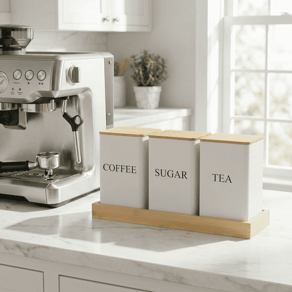 White Canister Set of 3 for Kitchen Counter, 10.35"x3.66"x6.42" Food Storage Containers with Lids, Farmhouse Home Kitchen Decor for Coffee Tea Sugar Flour