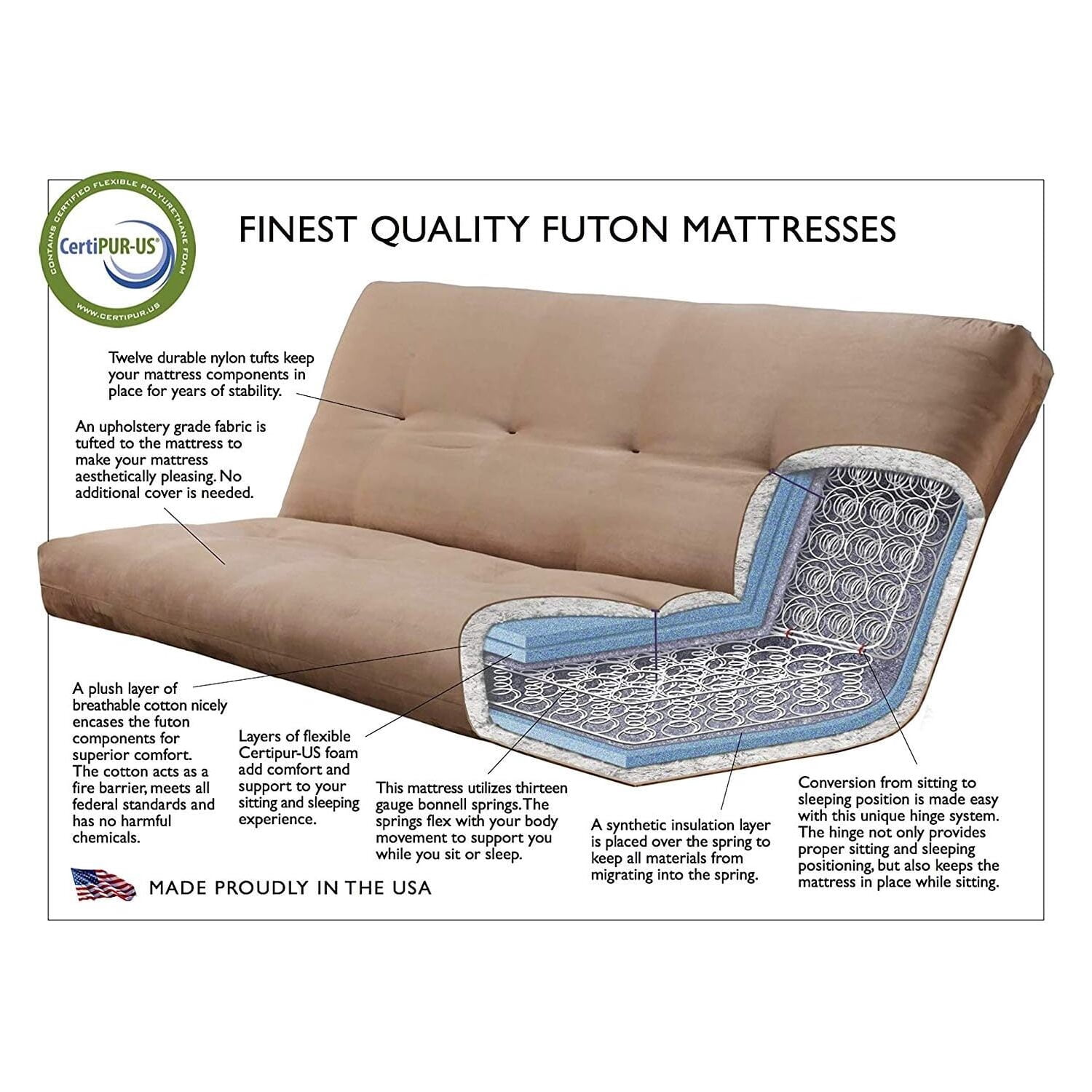 Kodiak Furniture Monterey Futon with Linen Fabric Mattress in Barbados/Brown