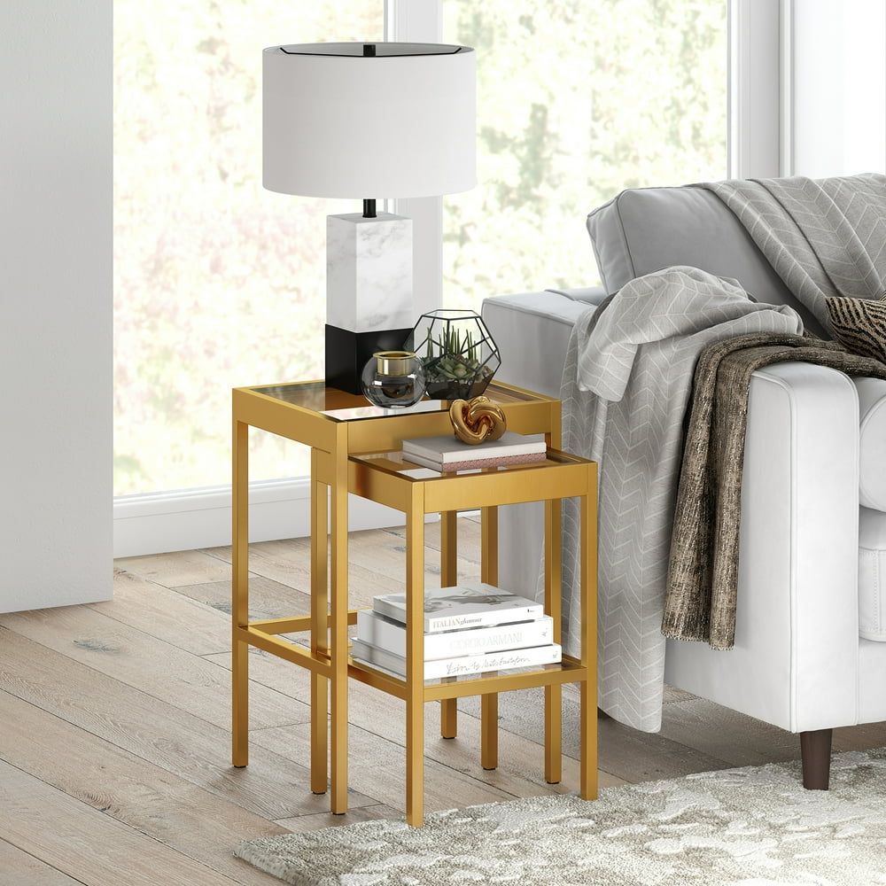 Evelyn&Zoe Modern Nested Side Table Set with Glass Top and Shelf
