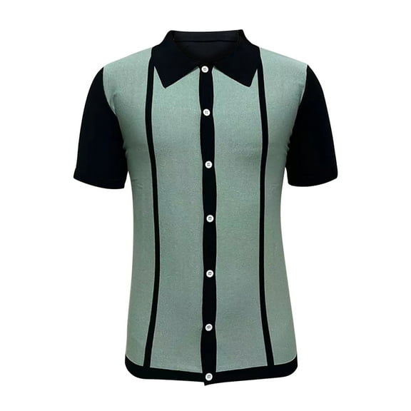 Yufatyle Men Cotton Short Sleeve Turndown collar Stripe Casual Shirts Green XL