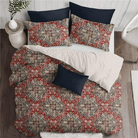 6ix Tailors  Charvelle Duvet Cover & 2 Pillow Shams Set, Red & Blue - Super Queen Size - 3 Piece