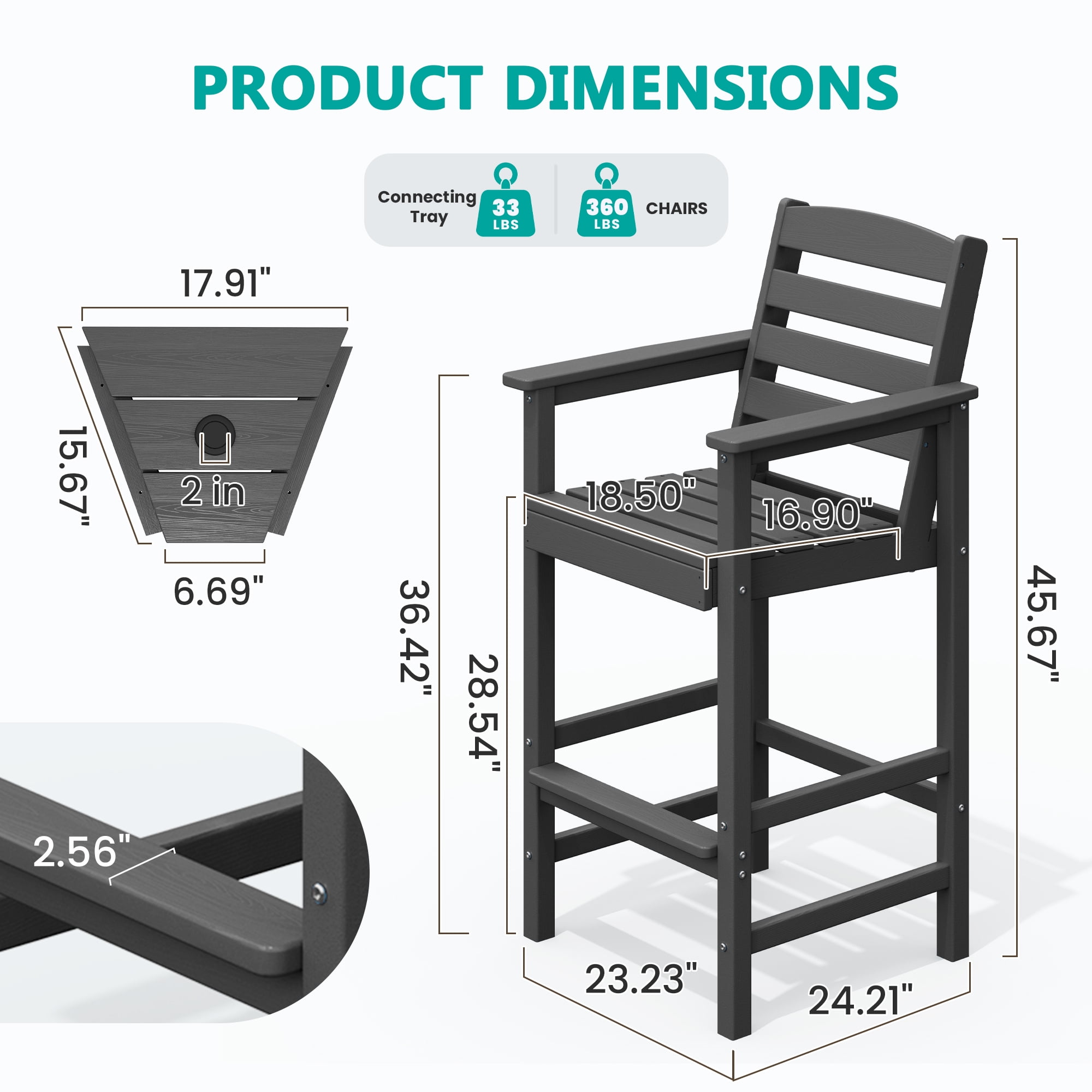 LOYALICE Balcony Chair Set of 2, Outdoor Adirondack Barstools with Connecting Tray, Gray