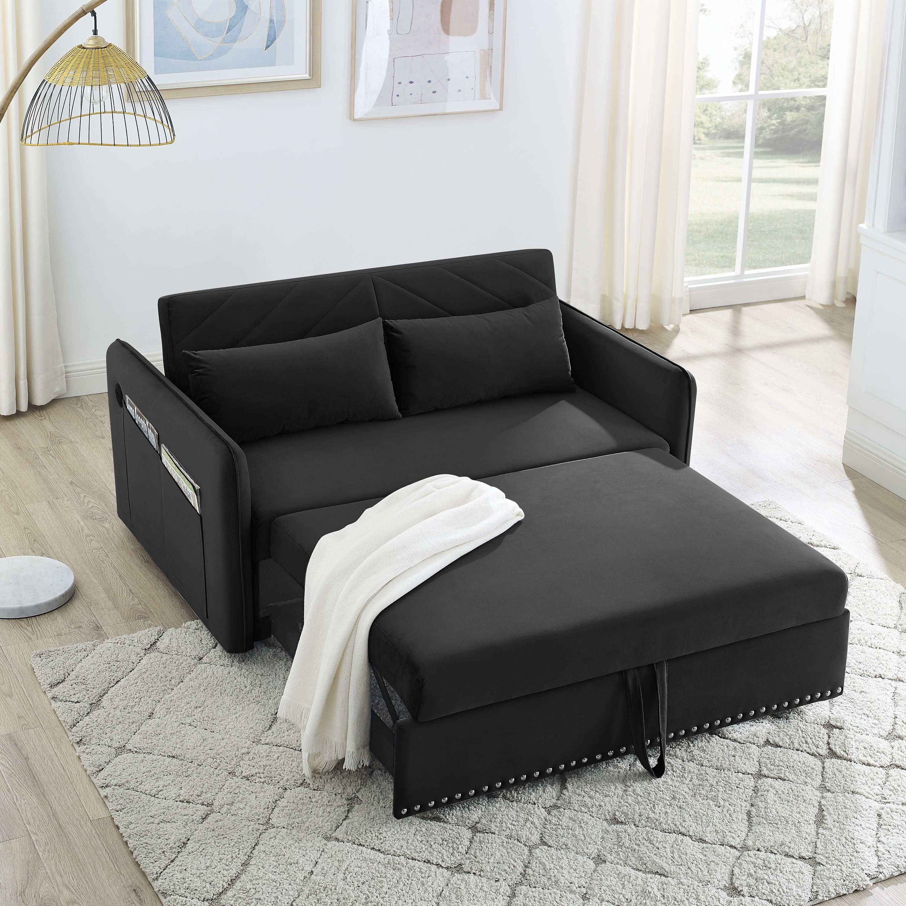MOMSPEACE 3 in 1 Sleeper Sofa Couch Bed with 2 USB Ports, 55" Velvet ...