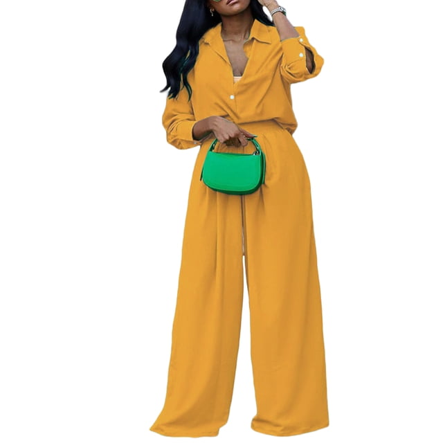 VISgogo Conjunto de pantalones para mujer, camisa de manga larga con botones y cintura elástica, pantalones de pierna ancha, atuendo de otoño VISgogo moda