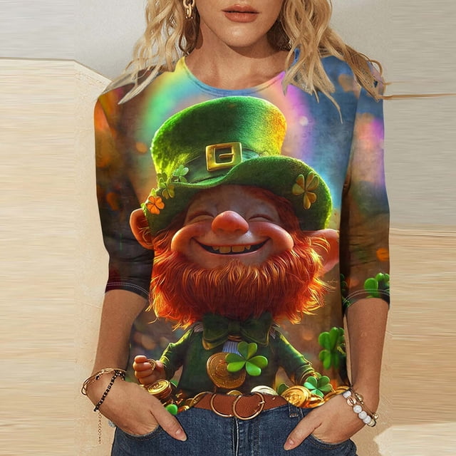 TaTaai St. Patrick's Day Women's Casual Print Round Neck 3/4 Sleeve T-Shirt Loose Top Gift