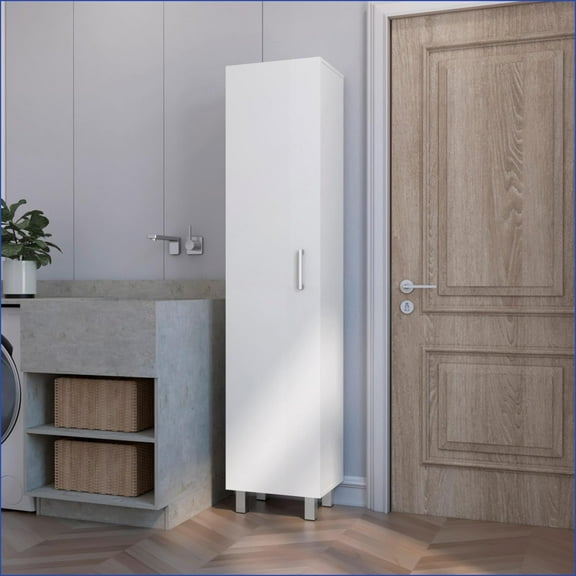 Tall Storage Cabinet, Single Door with Broom Hangers | White | Engineered Wood