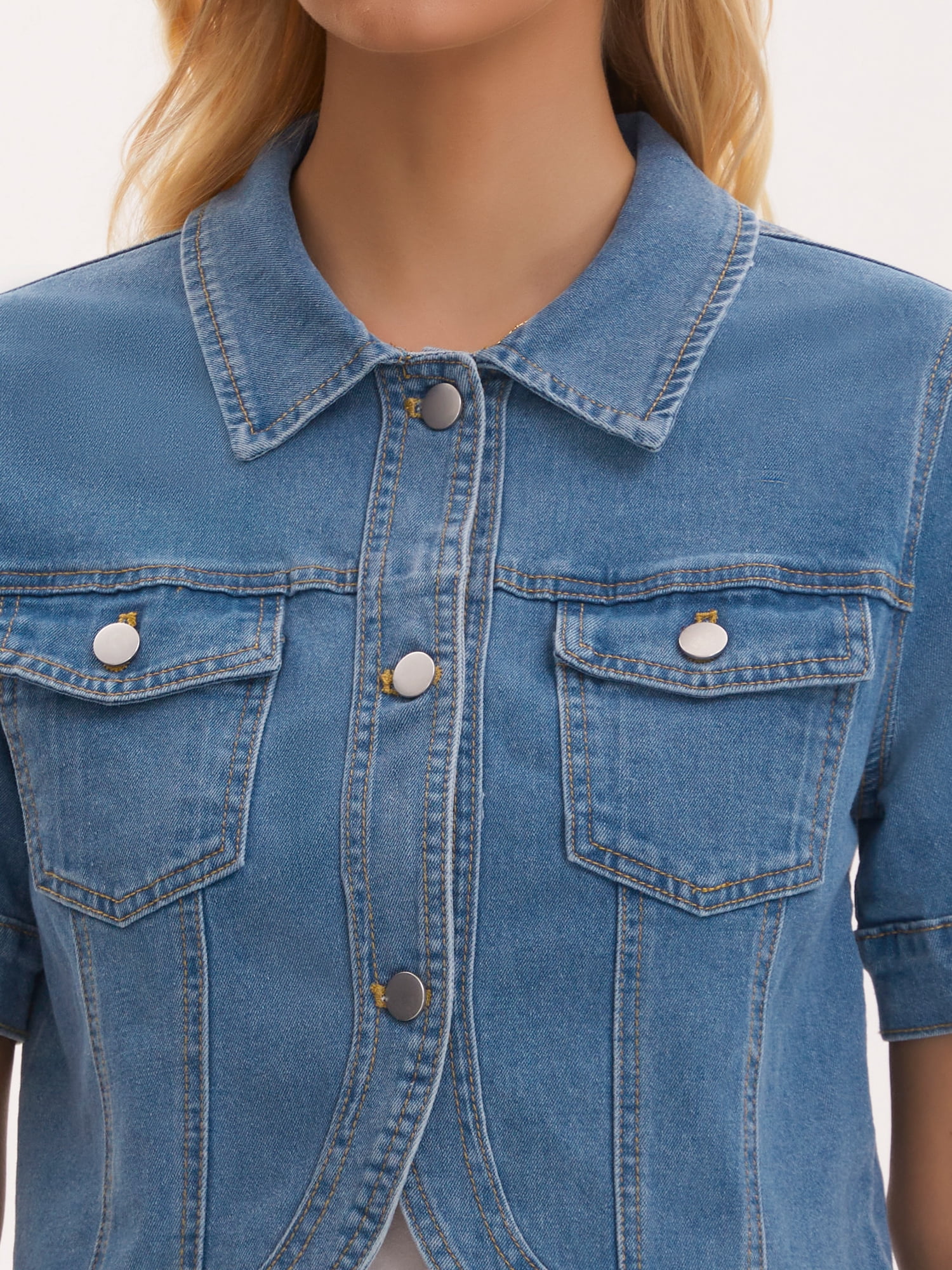 DARING DIVA Women's Short Sleeve Button Down Denim Jackets with Pockets L Light Blue