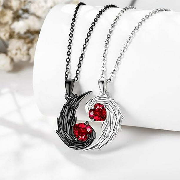 Collar de cadena de clavícula de dos tonos con colgante de corazón de ángel y diablo para pareja, regalo de San Valentín, detalles de diamantes, estilo medallón para parejas, fiesta de