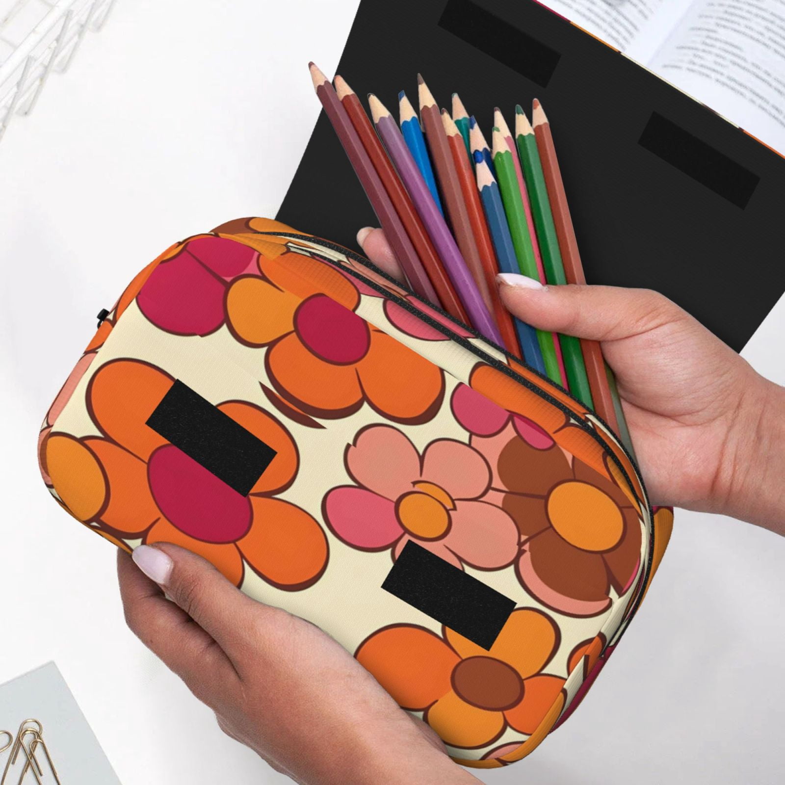 Large-Capacity Flip-Top Double-Layer Pencil Case, Multi-Functional Pocket Pen Case, Durable Stationery Organizer Retro Groovy Flowers Pattern (12)