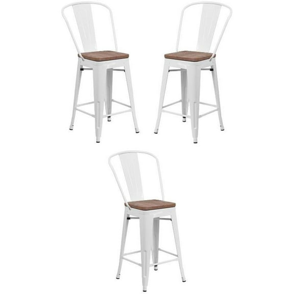 Home Square 24" Metal Counter Stool in White and Wood Grain - Set of 3
