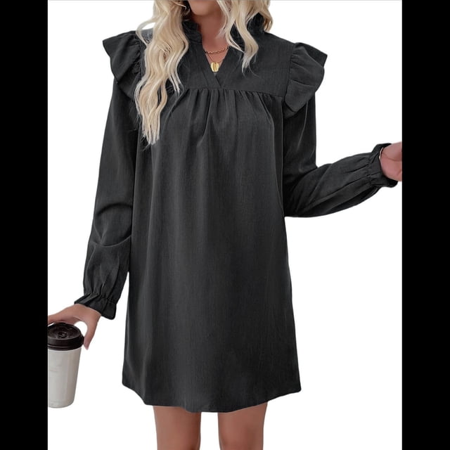 Vestido de Mujer de Larga con Cuello Alto Holgado y Costuras con Volantes Negro M