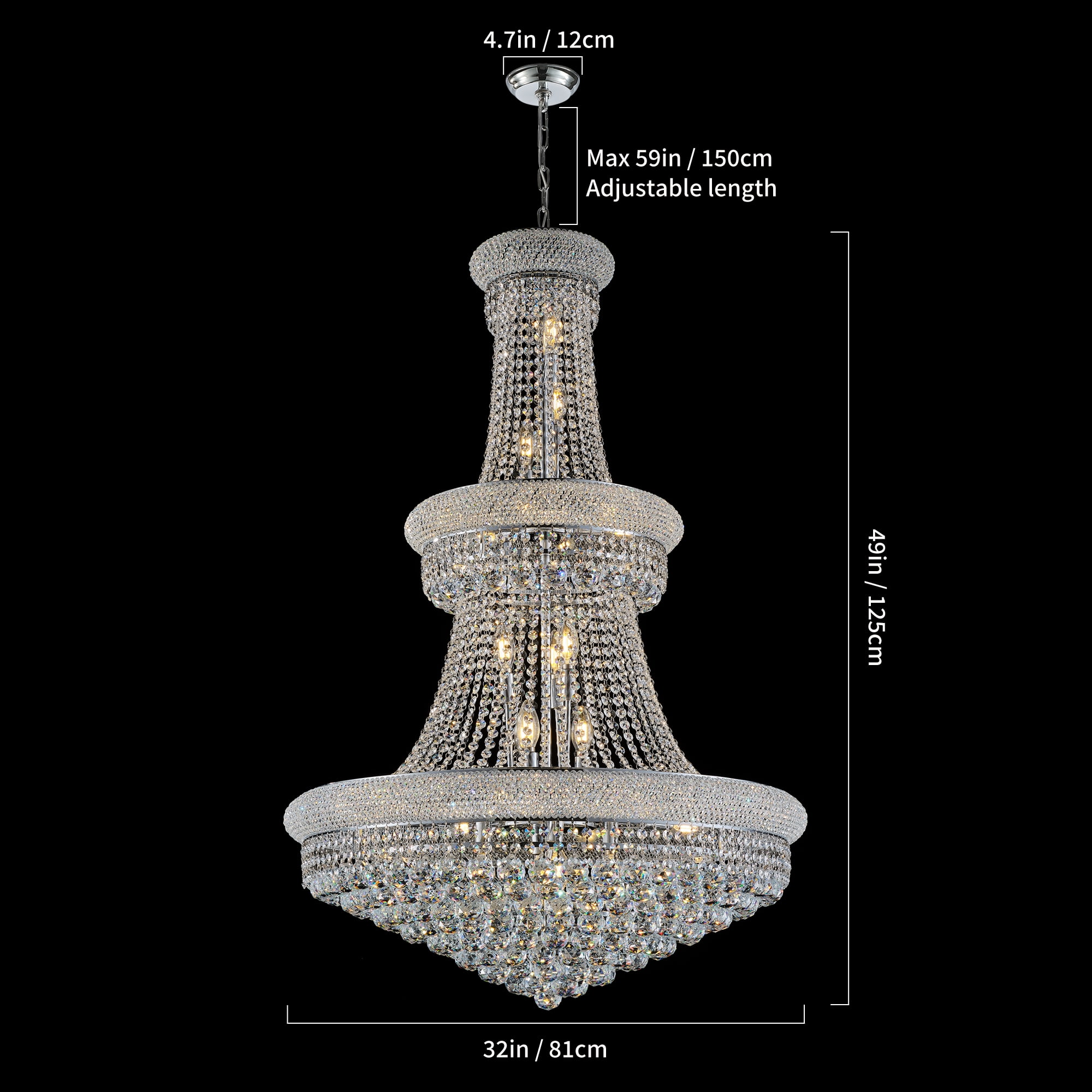 32-Inch Silver Crystal Chandelier, 27-Light French Empire Ceiling Light with LED Bulbs, Adjustable 59-Inch Chain, 3000K Warm Light, Perfect for Dining Room, Living Room, and Foyer