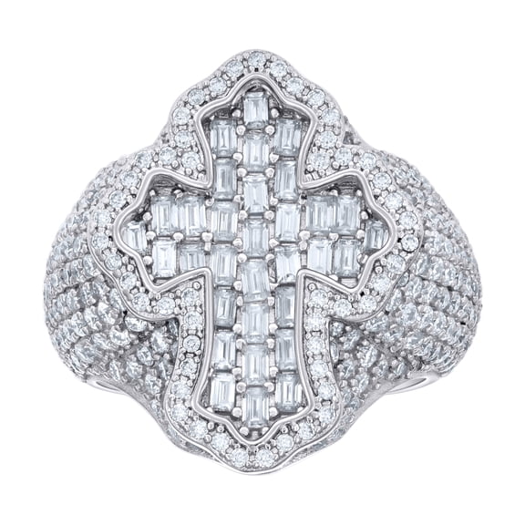 925 Sterling Silver Round & Baguette Cut Moissanite Men's Iced Out Pointed Cross Pinky Ring 7.09 Ct. | Size 10