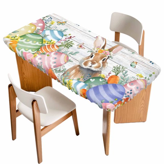 Easter Bunny Table Cloths for 5 Foot Rectangle Tables, Colorful Easter Eggs Eucalyptus Grey Wooden Patio Waterproof Elastic Fitted Tablecloths, Washable Rectangular Table Cover for Camping