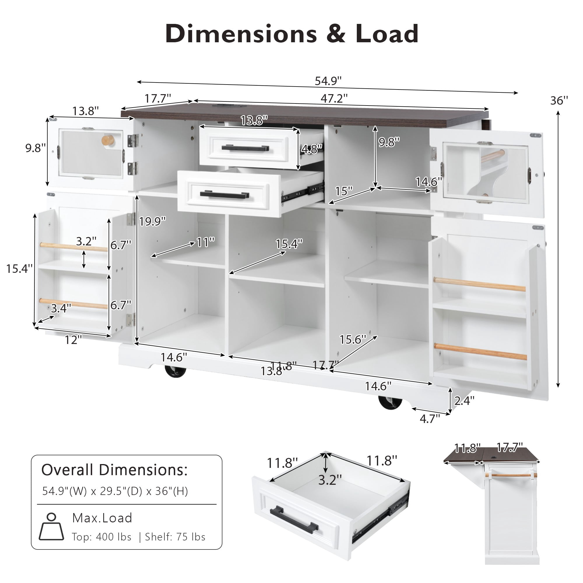 Harper & Bright Designs Kitchen Island with Drop Leaf and Wheels, Kitchen Storage Cart with 4 Door Shelves, Farmhouse Rolling Kitchen Island with Power Outlet and Visual Glass Door, White