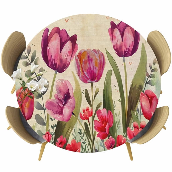Pink Red Spring Floral Fitted Tablecloth with Elastic Edged, Round Table Cloth for Dining Table, Summer Botanical Tulip Vintage Waterproof Oil Proof Table Cover for Indoor Outdoor 45"-54"