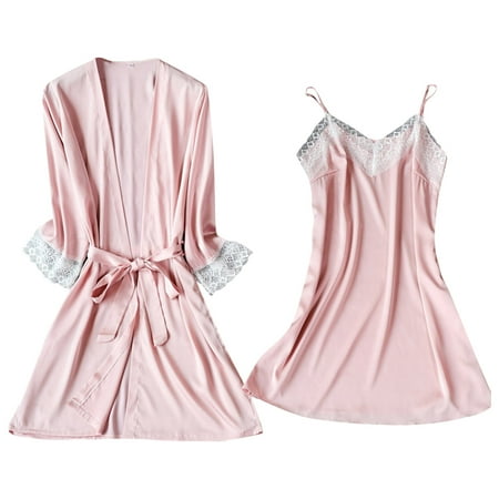 

Women Lace Solid Color Suspender Nightgown Long Sleeved Gown Suit