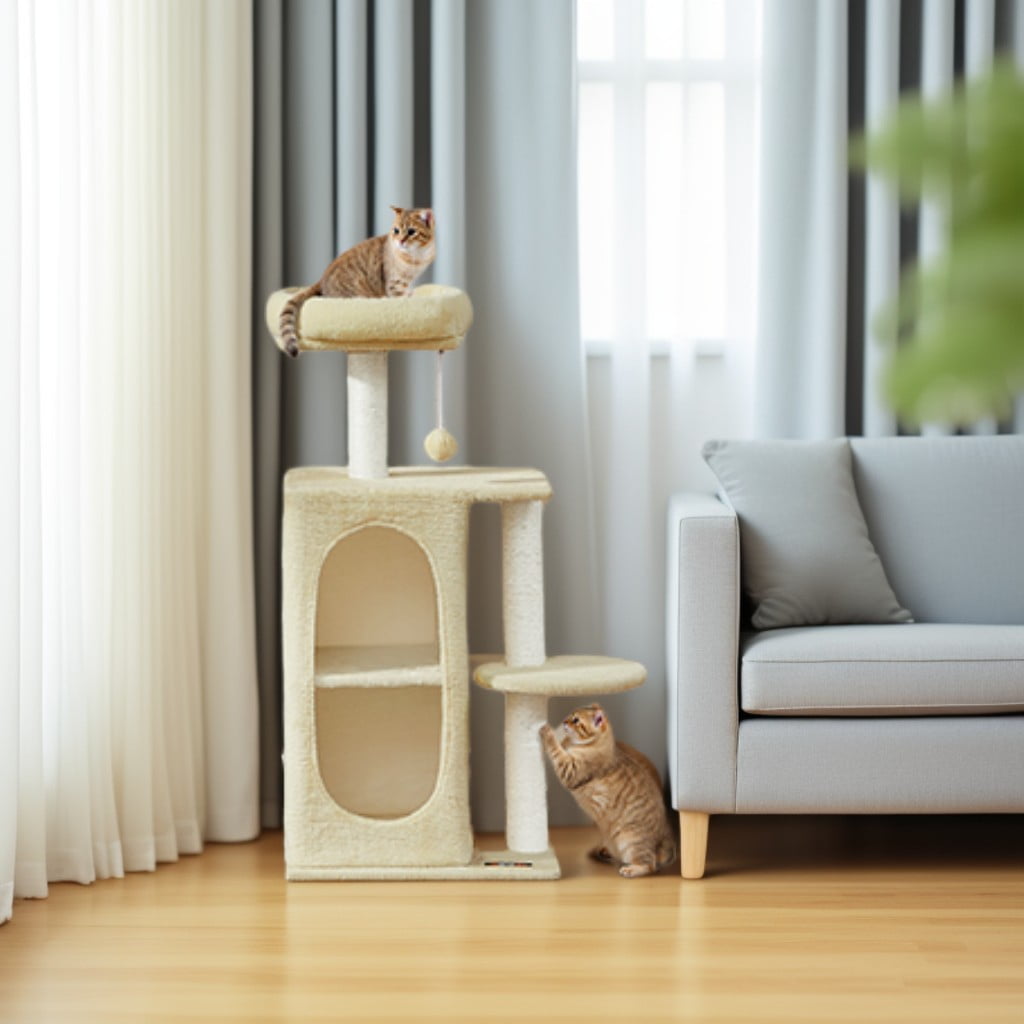 LEDREM 2-Level Cat Tree with Plush Caves & Scratching Posts, Compact Cat Tower for Indoor Cats and Kittens, Anti-Tip Design, Sand Beige