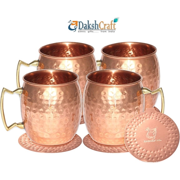 DakshCraft  Handmade Pure Copper Hammered Moscow Mule Mug,Set of 4 Mugs(Capacity 16.90 oz per pc)