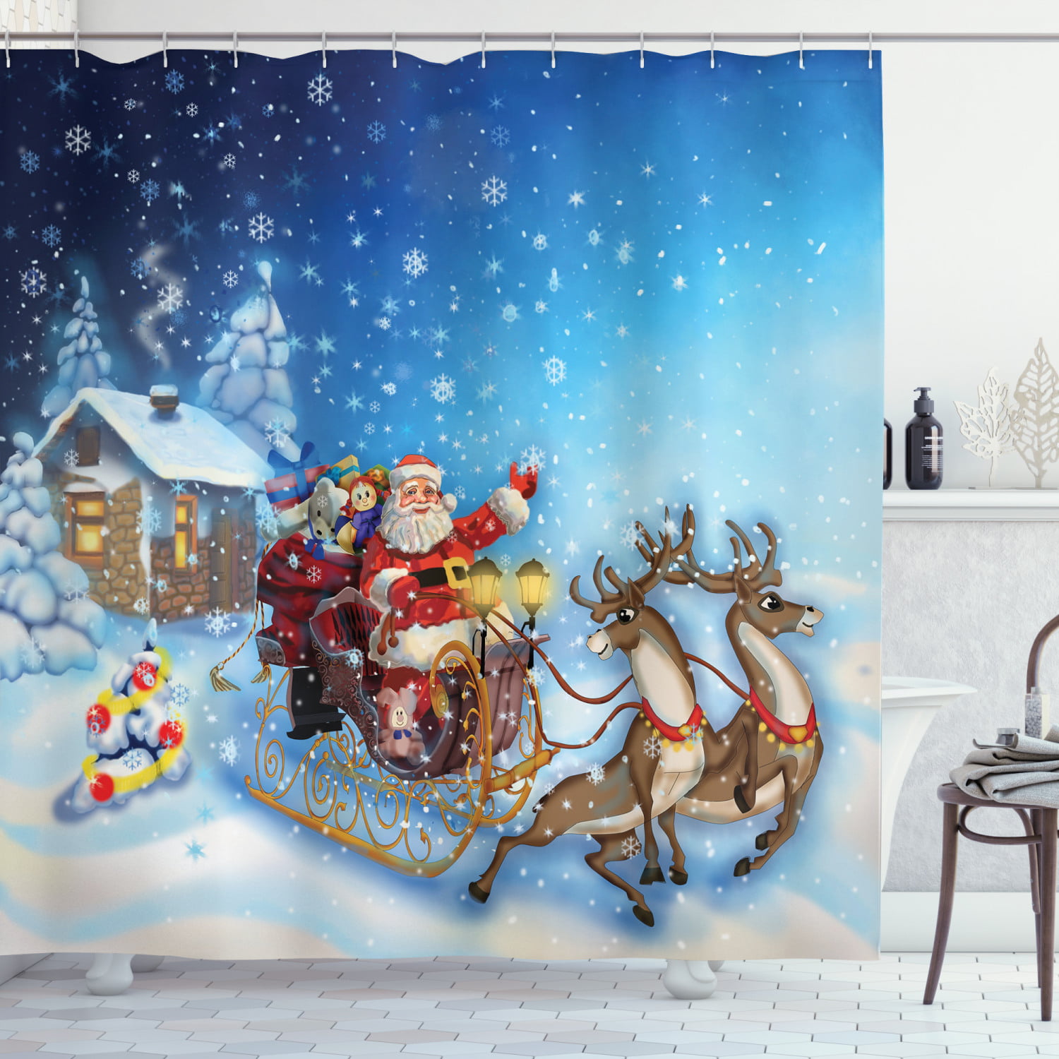3D Window And Reindeer Moon Christmas Bathroom Fabric Shower Curtain Set 71Inch 